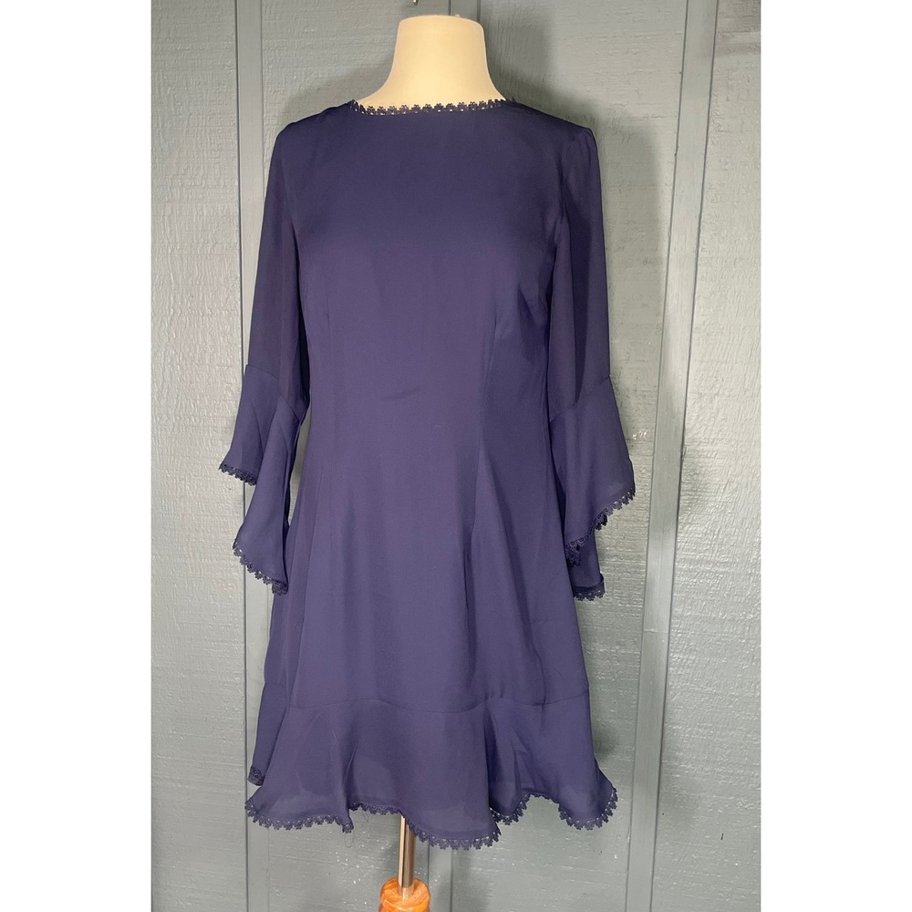 BB‎ Dakota Navy Blue Lace Trim Bell Sleeve Ruffle Dress Size 4